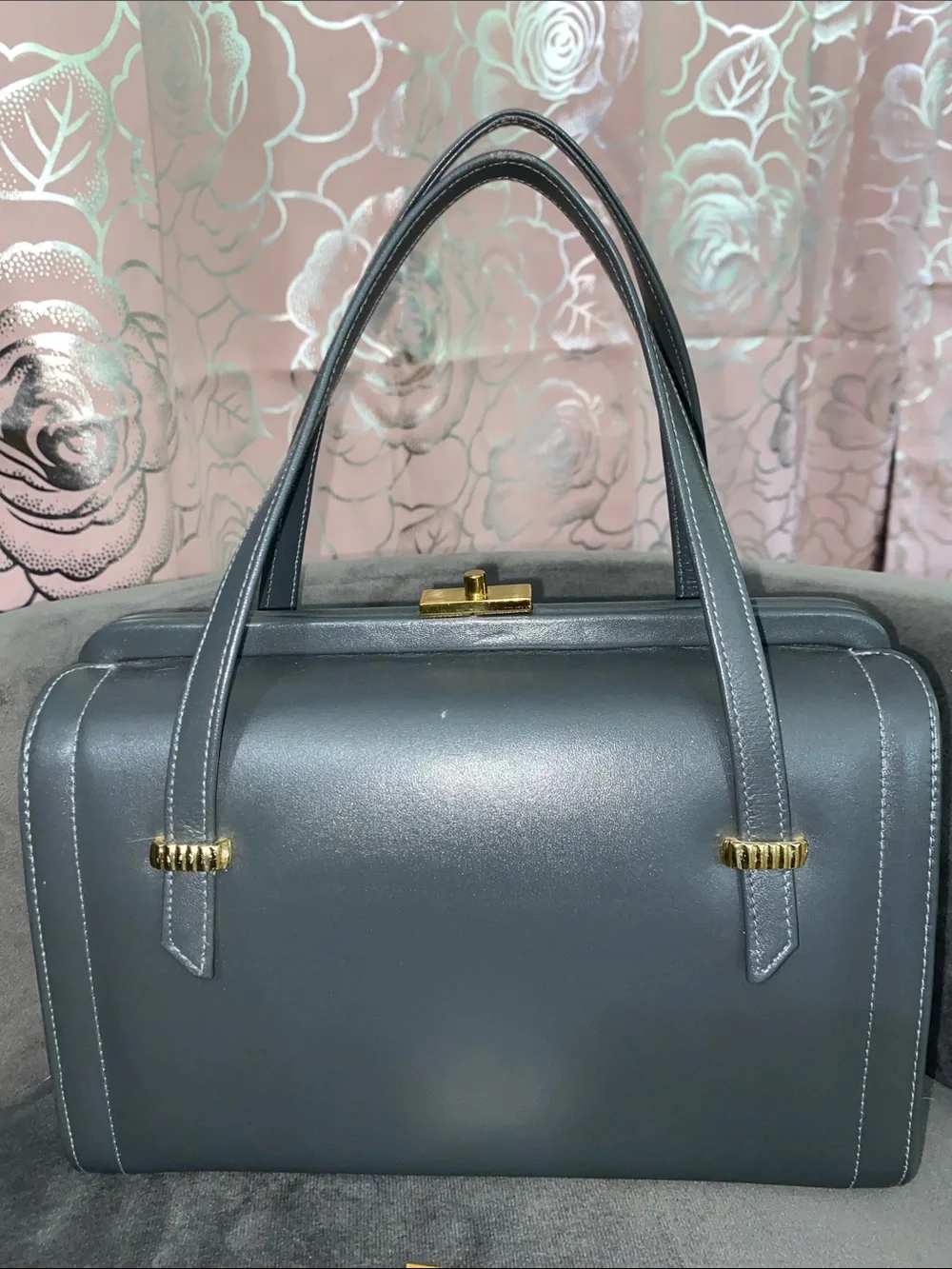 Vintage Kessler Gray Leather Handbag Top Handle Frame Bag Mid Century 1960s Tag